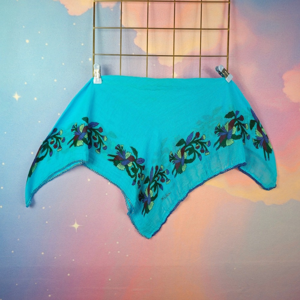 Vintage Keskin Floral Scarf Women Turquoise Blue Beaded Crochet Lace Trim